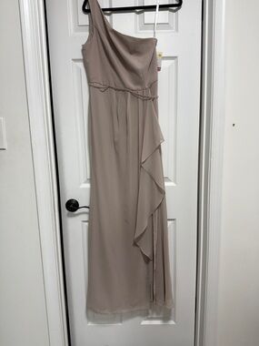 David's Bridal One-Shoulder Taupe Evening Gown